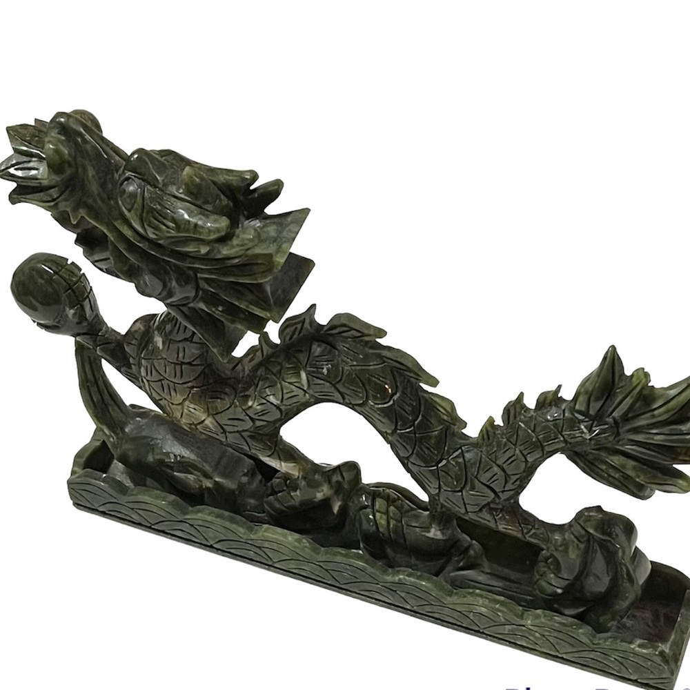 Carved Stone Fierce Dragon Statue Holding Orb Sphere Ball Green Maybe Old Jade - Picture 4 of 11